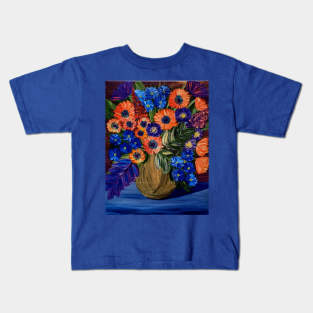 Bright and colorful abstract flowers in a bronze and purple vase Kids T-Shirt